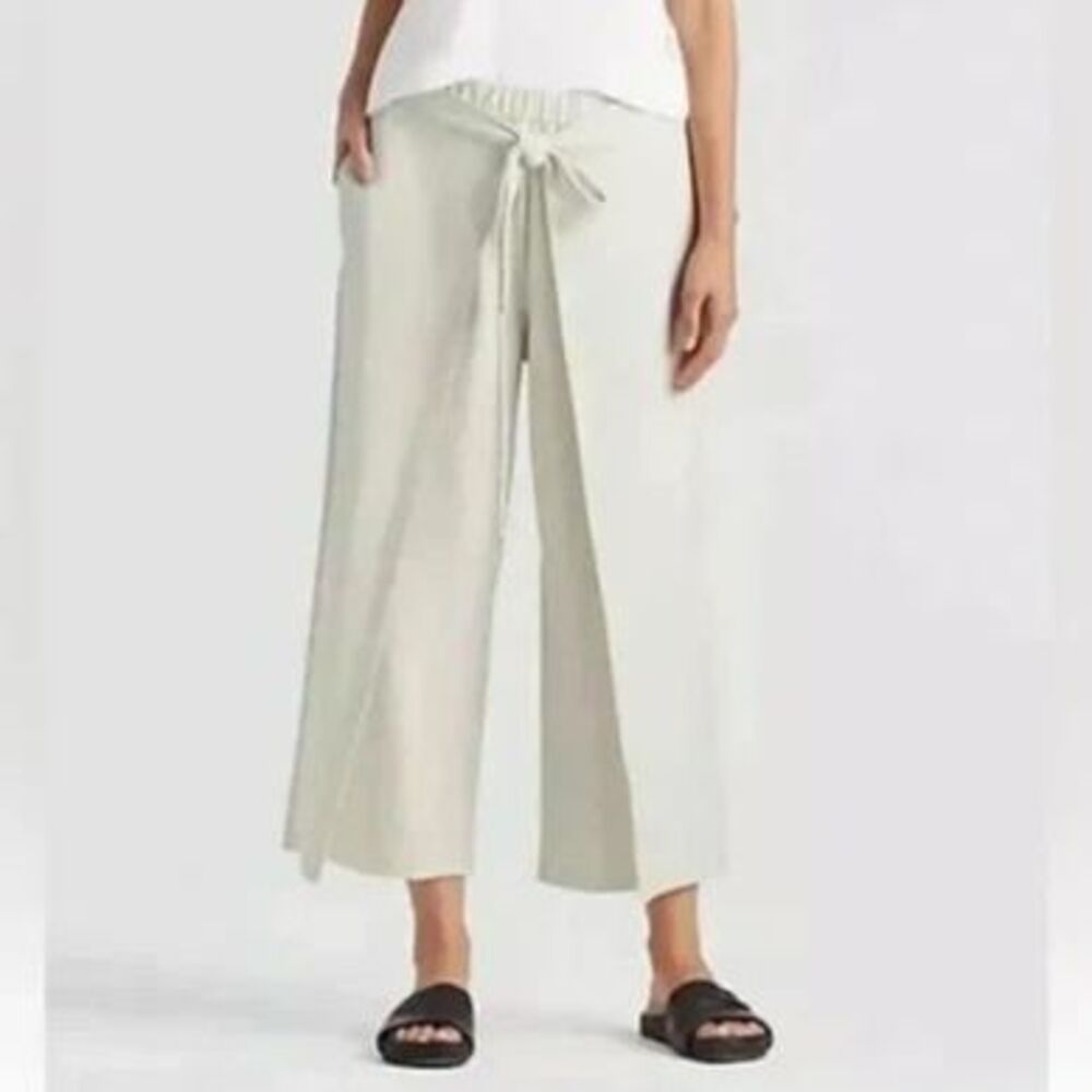 Eileen Fisher Washable Stretch Crepe White Tie Front Crop Pants Elastic Waist M